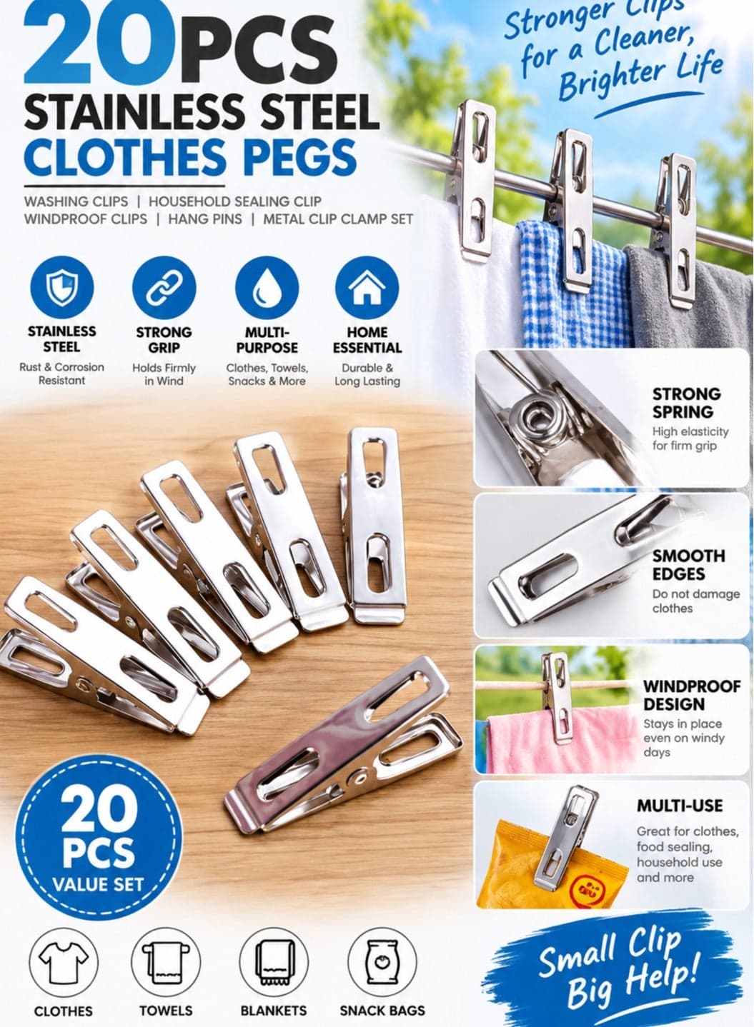 20PCS Stainless Steel Clothes Pegs, Metal Laundry Clips and Windproof Hanging Pins, Reusable Household Sealing Clips Clamp Set for Clothes, Towels, Socks, Food Bags and Home Organization, Silver Clothes Drying Clips