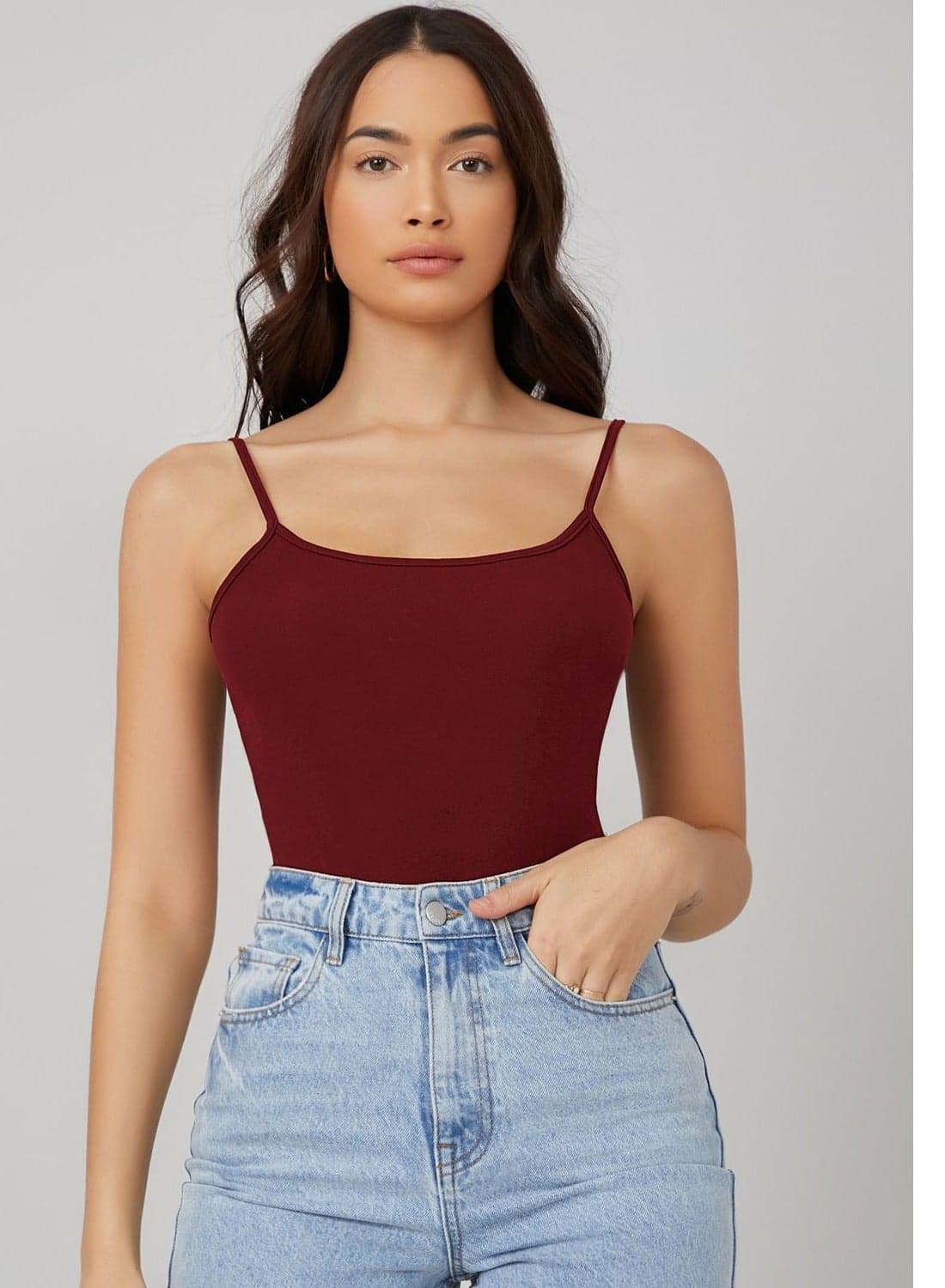 Mesery Cotton Stretch Plain Spaghetti Top - Maron Women's Tops & Tees
