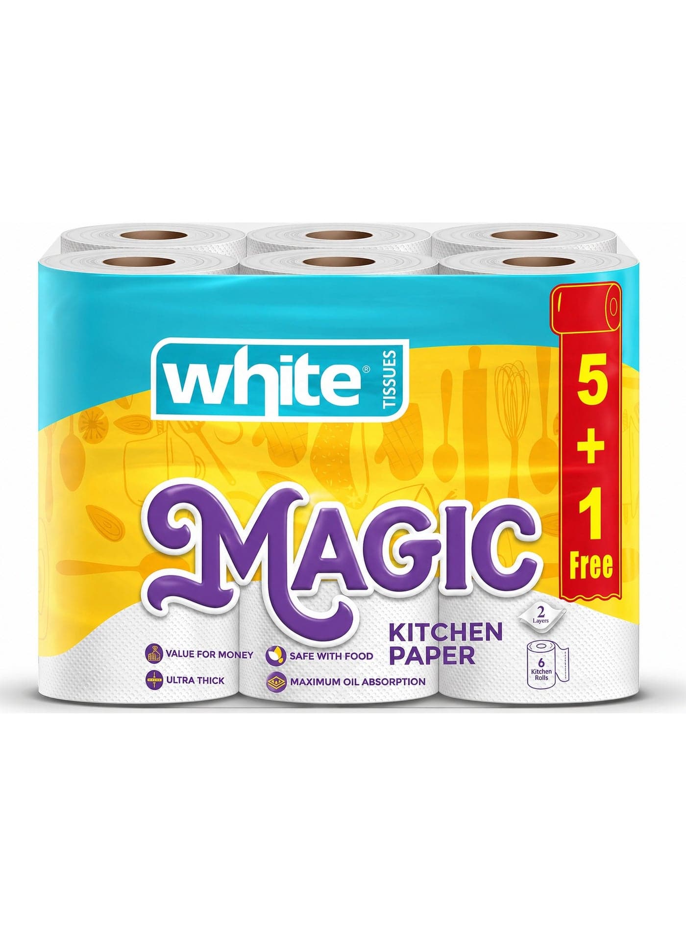White Magic Kitchen Towels, 6 Rolls, 2-Ply, Transparent