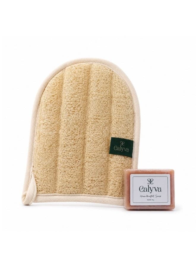 Natural Hand Loofah & Body Soap Set – Gentle Exfoliating Bath Mitt + 50g Fragrance Soap 16×20 cm| Calyva Bath Gloves (٦)