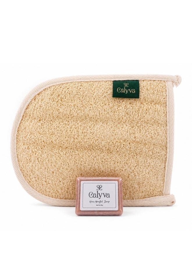 Natural Hand Loofah & Body Soap Set – Gentle Exfoliating Bath Mitt + 50g Fragrance Soap 16×20 cm| Calyva Bath Gloves