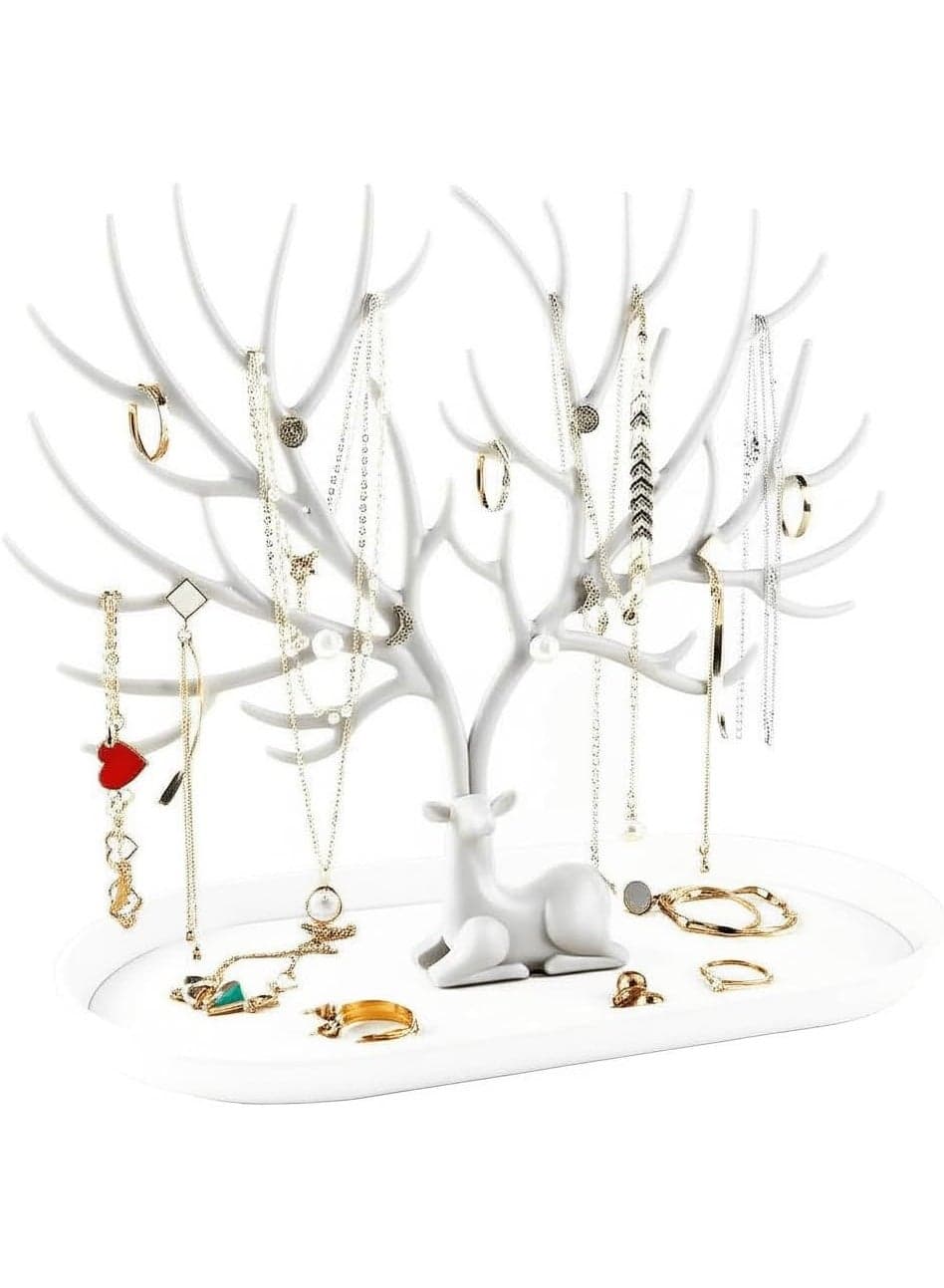 Decorative Deer Tree Jewelry Display Rack – Stylish White Antler Shaped Holder for Earrings, Necklaces, Watches & Bracelets – Creative Jewelry Storage Organizer with Base Tray for Makeup Accessories, Bedroom & Vanity Décor