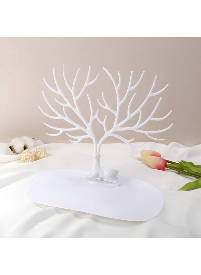 Decorative Deer Tree Jewelry Display Rack – Stylish White Antler Shaped Holder for Earrings, Necklaces, Watches & Bracelets – Creative Jewelry Storage Organizer with Base Tray for Makeup Accessories, Bedroom & Vanity Décor (10)