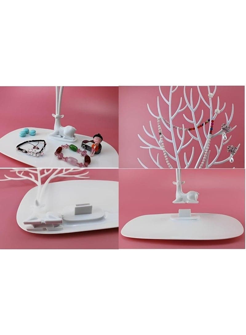 Decorative Deer Tree Jewelry Display Rack – Stylish White Antler Shaped Holder for Earrings, Necklaces, Watches & Bracelets – Creative Jewelry Storage Organizer with Base Tray for Makeup Accessories, Bedroom & Vanity Décor (9)