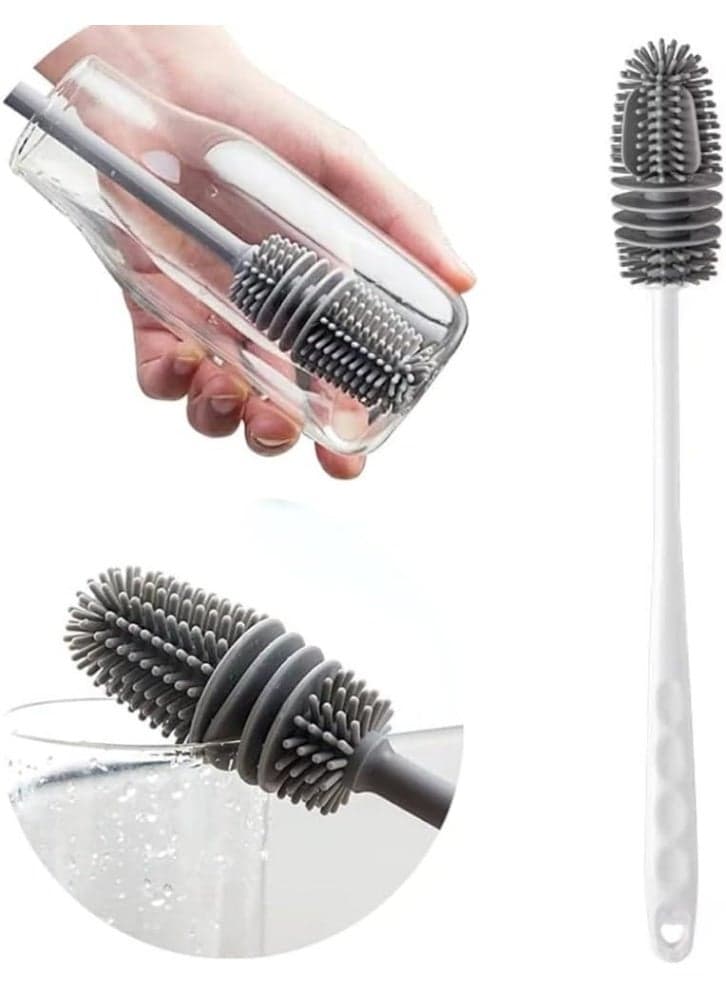 Silicone baby bottle cleaning brush with a comfortable long handle – a deep cleaning brush to remove milk residue from bottles, narrow bowls and cups – safe and easy-to-use design (gray color)