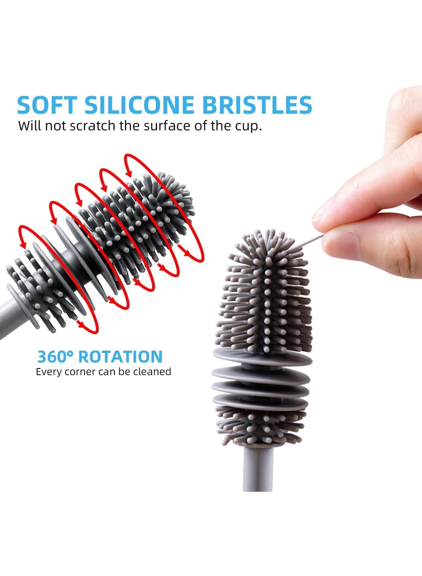 Silicone baby bottle cleaning brush with a comfortable long handle – a deep cleaning brush to remove milk residue from bottles, narrow bowls and cups – safe and easy-to-use design (gray color) (7)