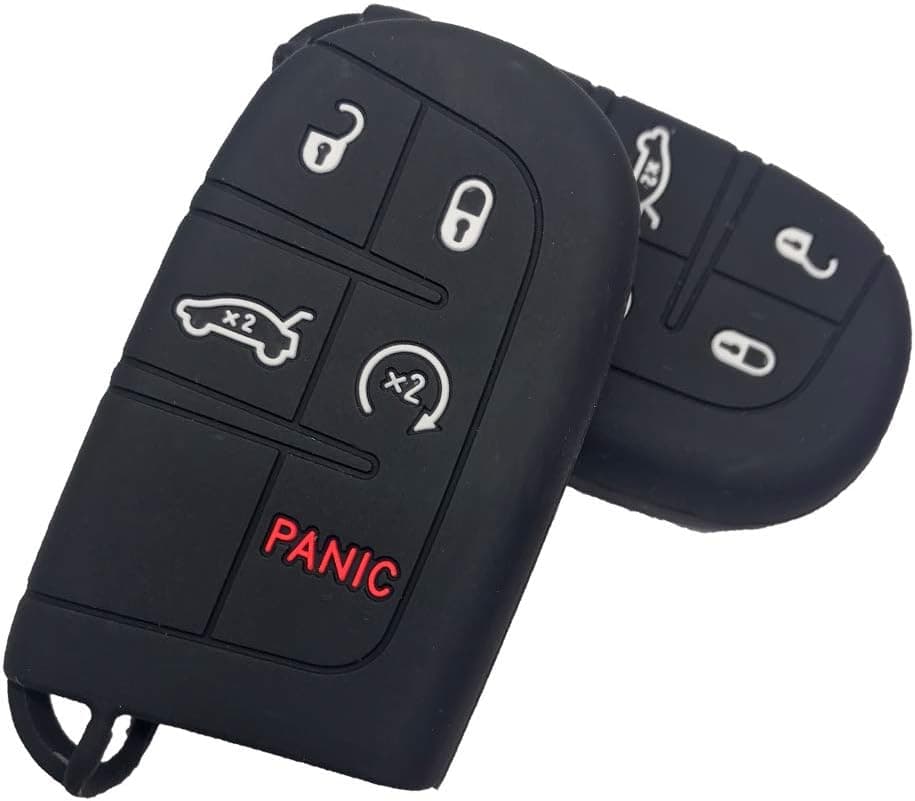 KOSMIQ Jeep Silicone Smart Key Fob Remote Cover Case 5 Buttons Keyless Entry Protector Bag for Jeep Grand Cherokee Dodge Challenger Charger Dart Durango Journey Chrysler 300(Black+Black) (4)