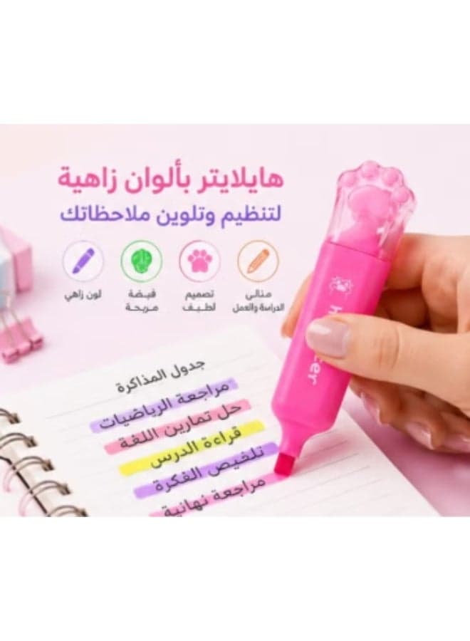 Set of 4 highlighter pens in bright colors with a cute cat paw design – for school, college, and office Office Supplies (٣)