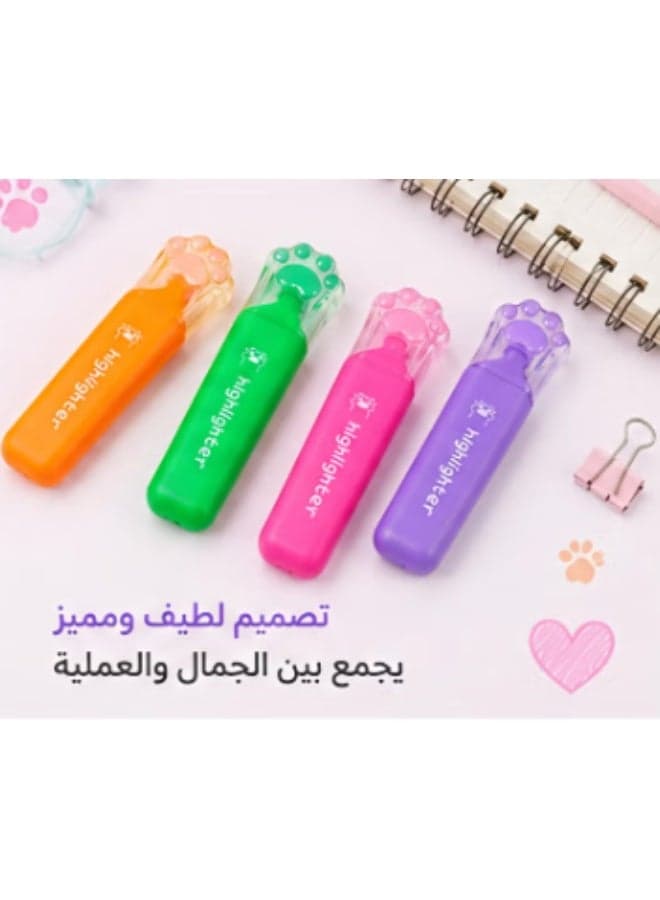 Set of 4 highlighter pens in bright colors with a cute cat paw design – for school, college, and office Office Supplies (٤)