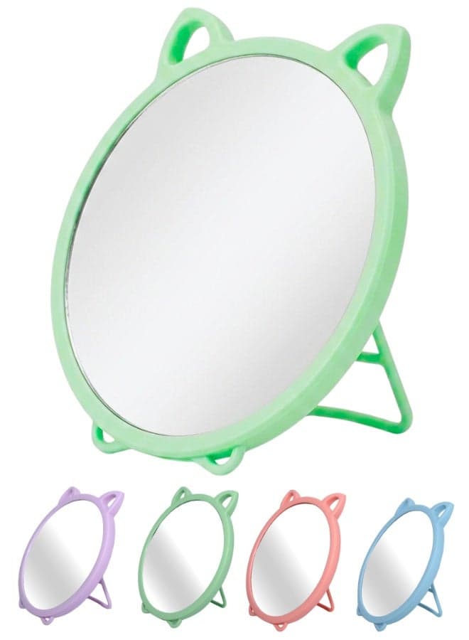 Cute Cat Ear Desktop Makeup Mirror Foldable Portable Vanity Mirror HD Round Tabletop Mirror With Stable Stand For Makeup Skincare Travel Bedroom And Desk Use