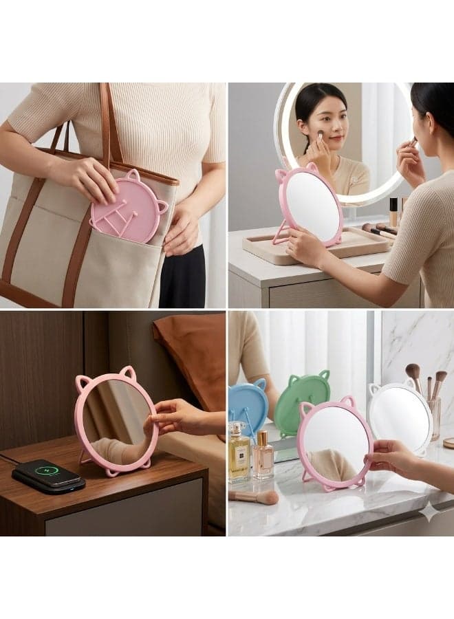 Cute Cat Ear Desktop Makeup Mirror Foldable Portable Vanity Mirror HD Round Tabletop Mirror With Stable Stand For Makeup Skincare Travel Bedroom And Desk Use (٢)