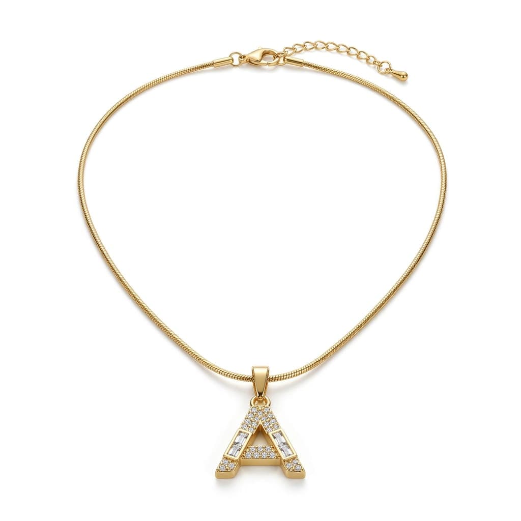 A luxurious, elegant gold necklace with a sumptuous letter A pendant studded with sparkling baguette and zircon stones, and an adjustable clasp to fit you. Women's Necklaces