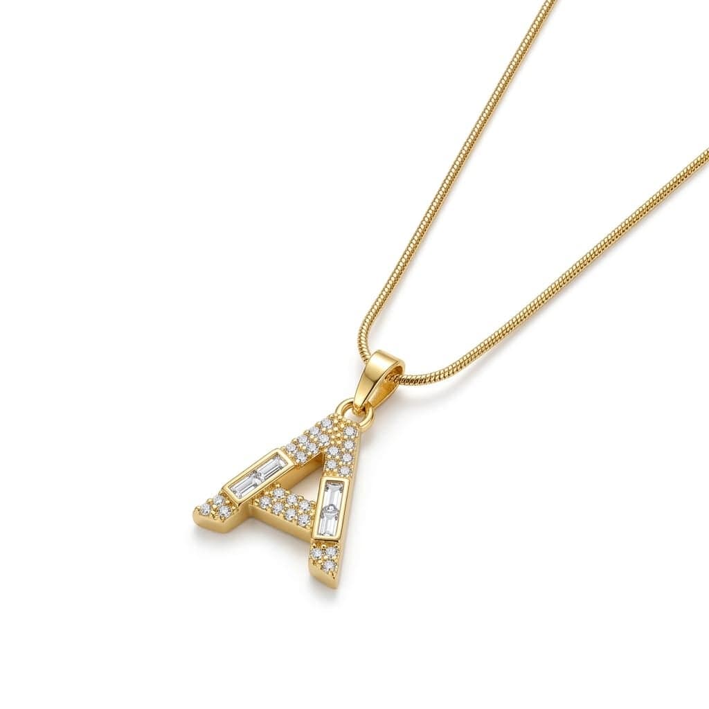 A luxurious, elegant gold necklace with a sumptuous letter A pendant studded with sparkling baguette and zircon stones, and an adjustable clasp to fit you. Women's Necklaces (٢)