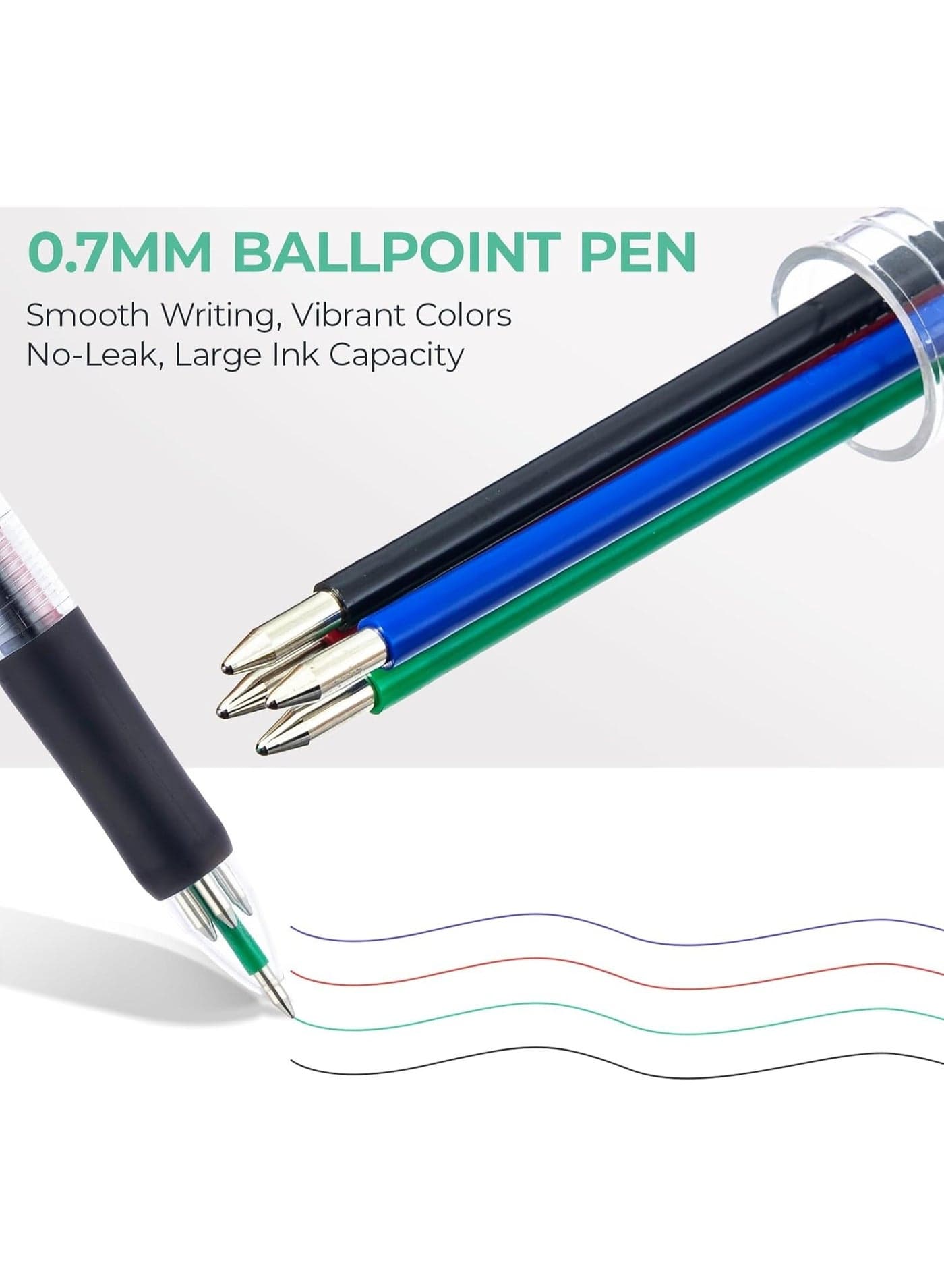 4 Color Retractable Ballpoint Pen 0.7mm Fine Point, Black Blue Red Green Ink, Soft Grip, 1 Pack (٣)