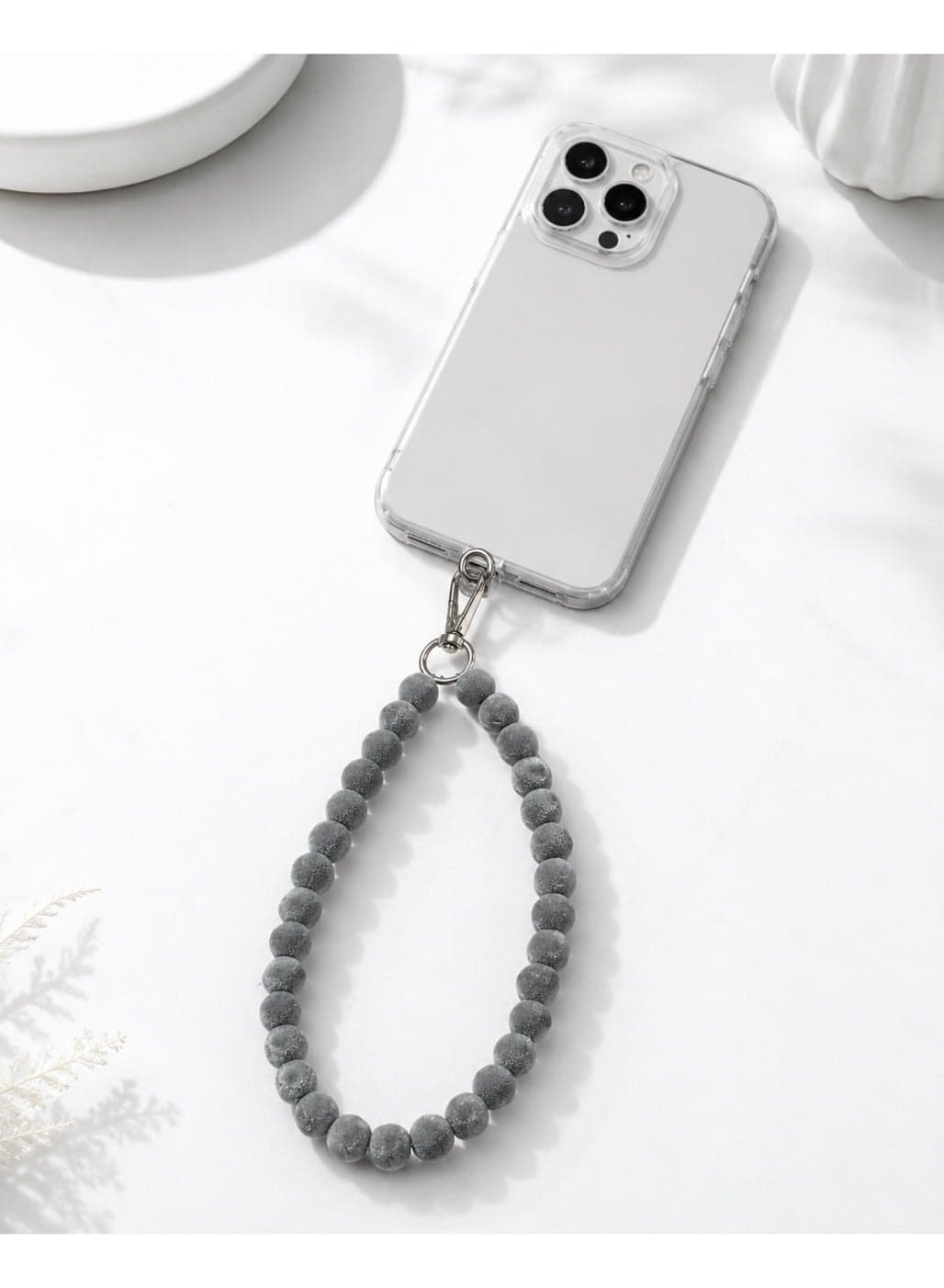 Matte Grey Spherical Beaded Mobile Phone Wrist Lanyard with Silver Swivel Hook & Clear Case Patch - Grey & Silver (4)