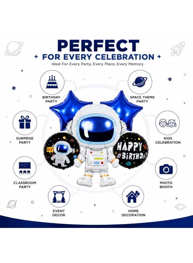 Astronaut Birthday Balloons Set 5 Pcs, 28 Inch Astronaut Foil Balloon with 2 Star and 2 Round Happy Birthday Balloons for Space Theme Kids Party Decorations (٤)