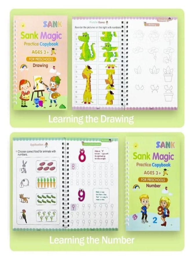 Magic Book, 4 Calligraphy Practice Books + 5 Bonus Refills + Pen Holder + Writing Aid, Reusable Exercise Book, Kids Exercise Book Set (Calligraphy, Numbers, Drawing, Letters) (English) Drawing & Painting Supplies (٢)