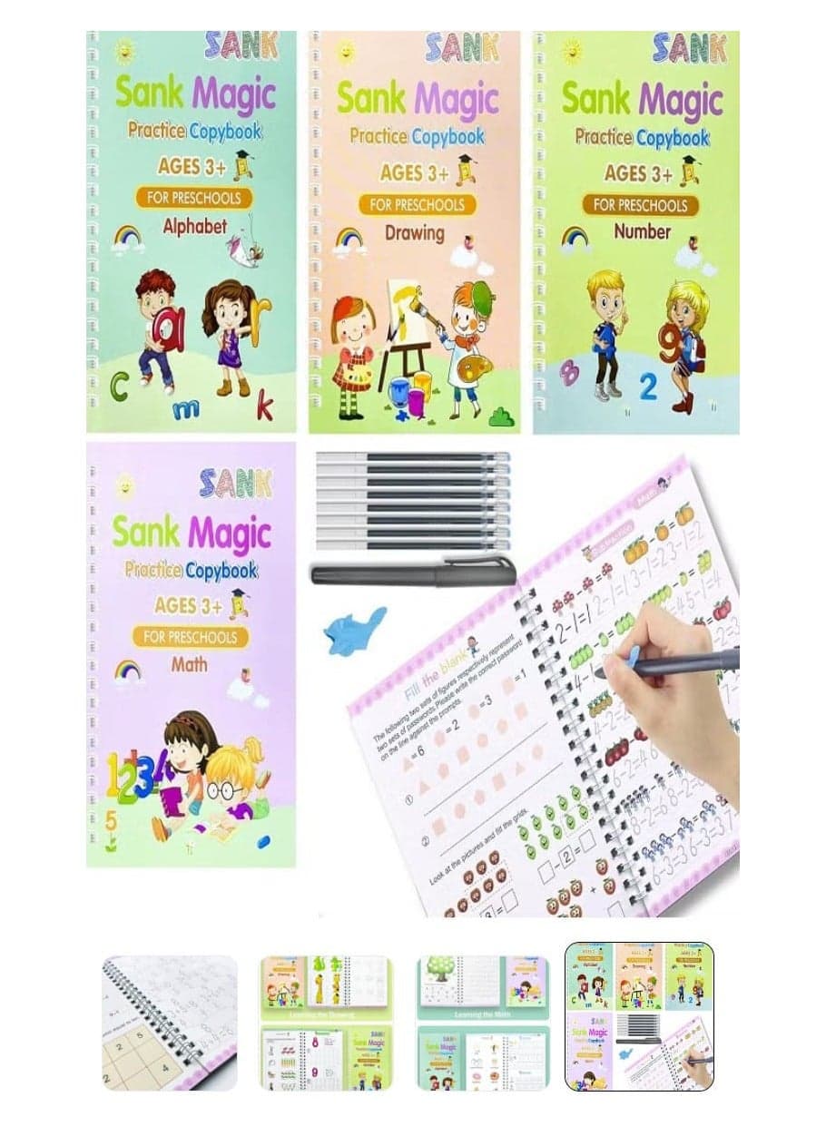 Magic Book, 4 Calligraphy Practice Books + 5 Bonus Refills + Pen Holder + Writing Aid, Reusable Exercise Book, Kids Exercise Book Set (Calligraphy, Numbers, Drawing, Letters) (English) Drawing & Painting Supplies (٧)