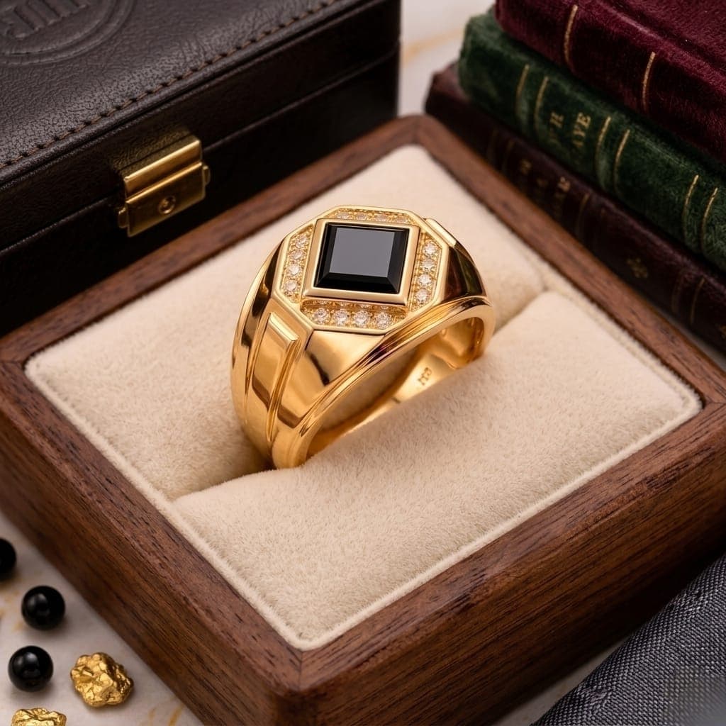 A men’s ring in luxurious red gold, featuring a royal black stone surrounded by sparkling zircon stones. A design that combines prestige and modern elegance to suit your distinctive presence. (7)
