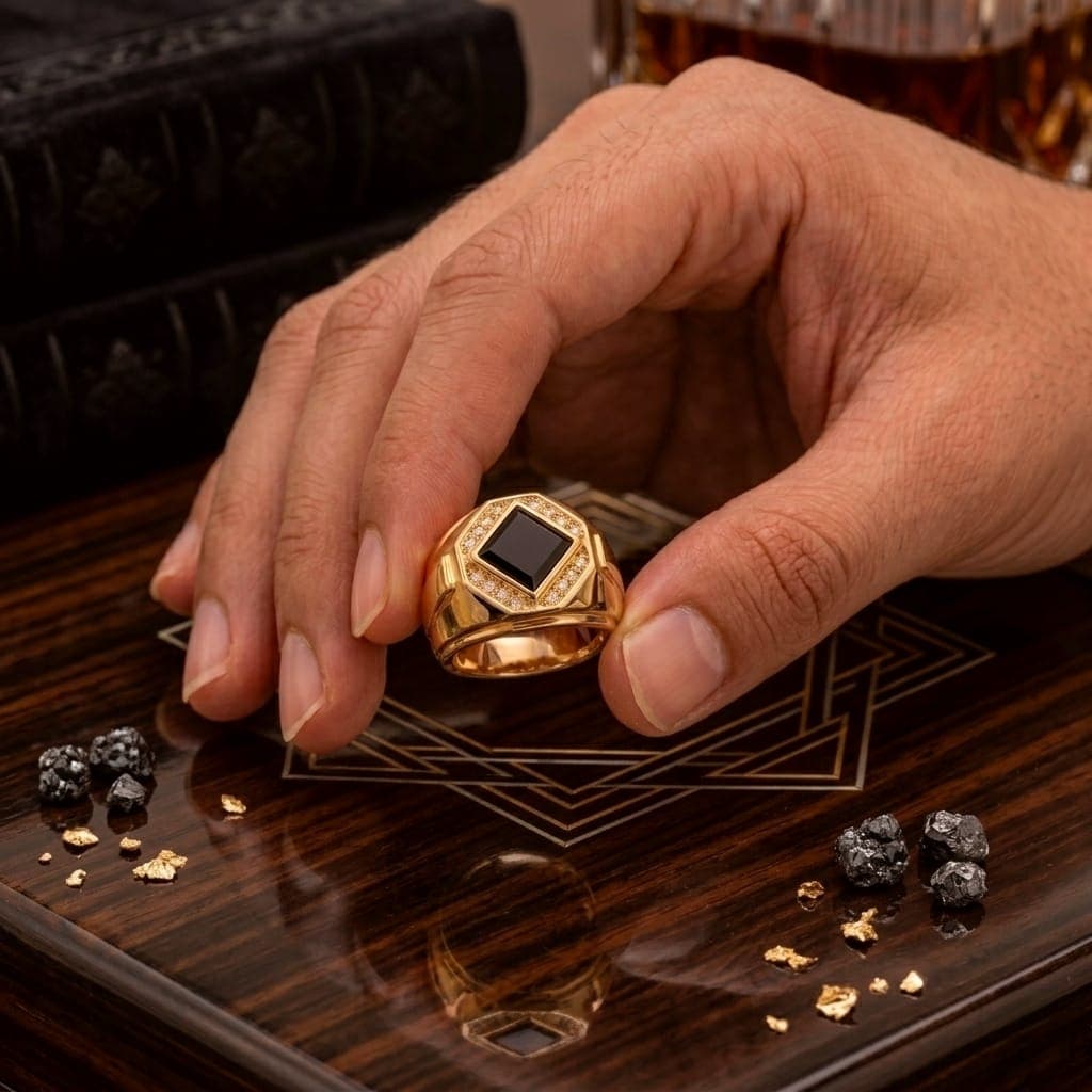 A men’s ring in luxurious red gold, featuring a royal black stone surrounded by sparkling zircon stones. A design that combines prestige and modern elegance to suit your distinctive presence. (5)
