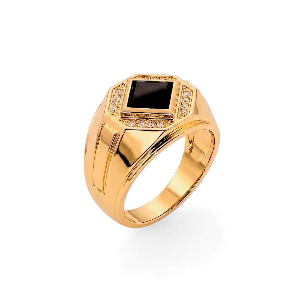 A men’s ring in luxurious red gold, featuring a royal black stone surrounded by sparkling zircon stones. A design that combines prestige and modern elegance to suit your distinctive presence.