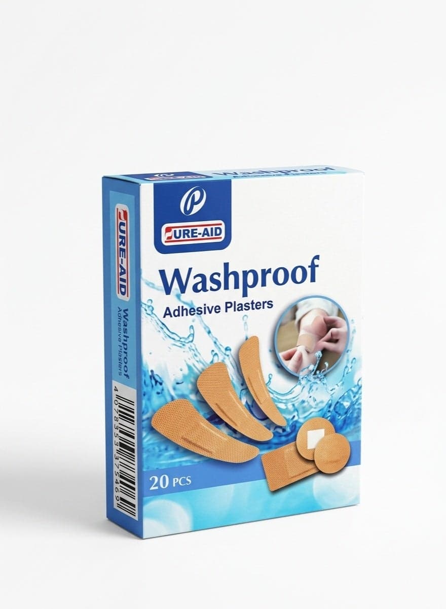 Cure-Aid Washproof Adhesive Plasters Assorted Sizes - 20 Pieces Bandages & Gauze