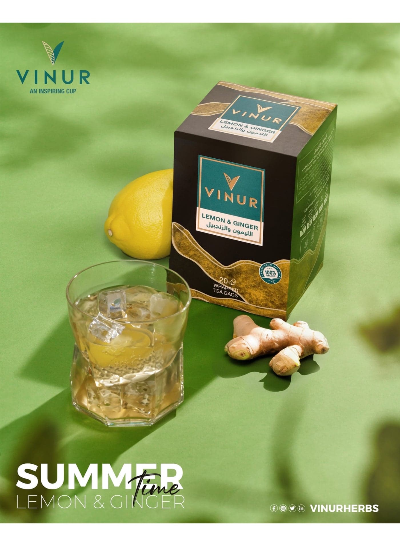 VINUR Organic Lemon and Ginger Herbal Tea – 20 Pyramidal Tea Bags (٤)