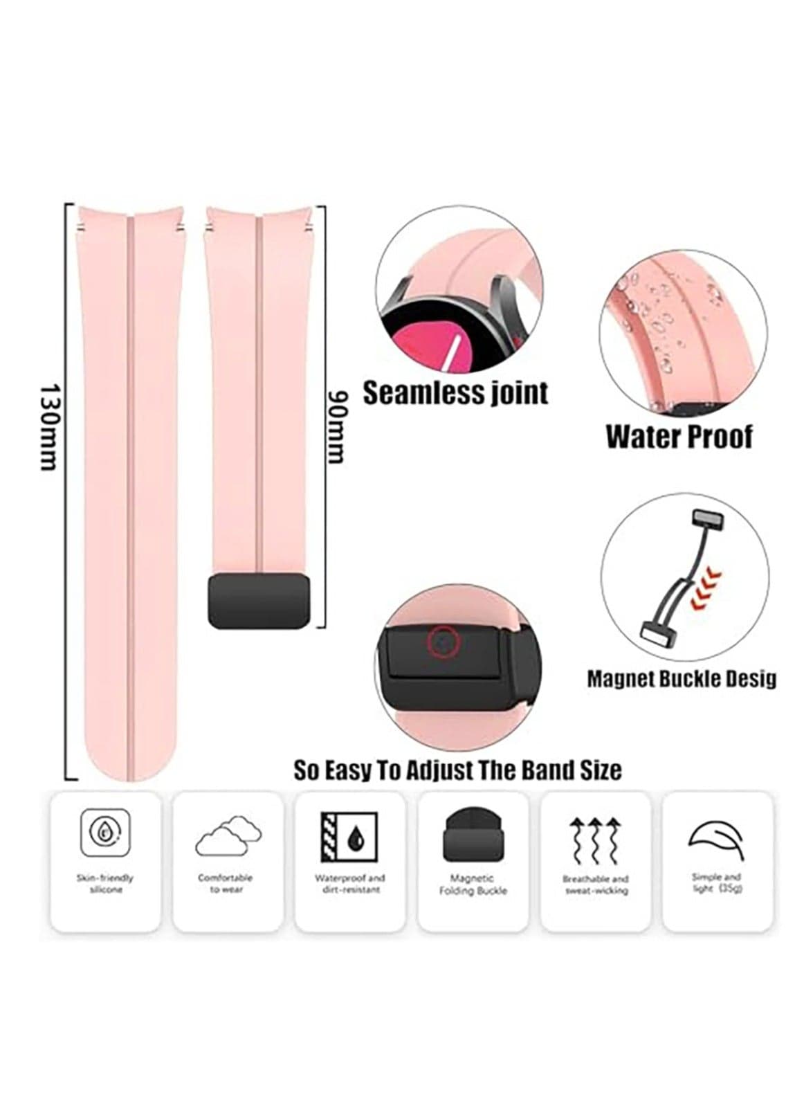 Magnetic Band for Samsung Galaxy Watch 6 Classic 47mm 43mm/5 Pro 45mm/Watch 7 FE 6 5 4 44mm 40mm/4 Classic 46mm 42mm,Silicone Strap for Samsung Watch 5 Pro 45mm,No Gap Pink Smartwatch Bands (٥)