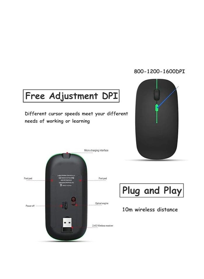 W10 Dual Model LED Wireless and Bluetooth Mouse,Rechargeable Silent 2.4G Wireless Computer Mouse with USB Receiver,Ultra Thin RGB Backlit Cordless Mice for Laptop,Tablet.ipad (٢)