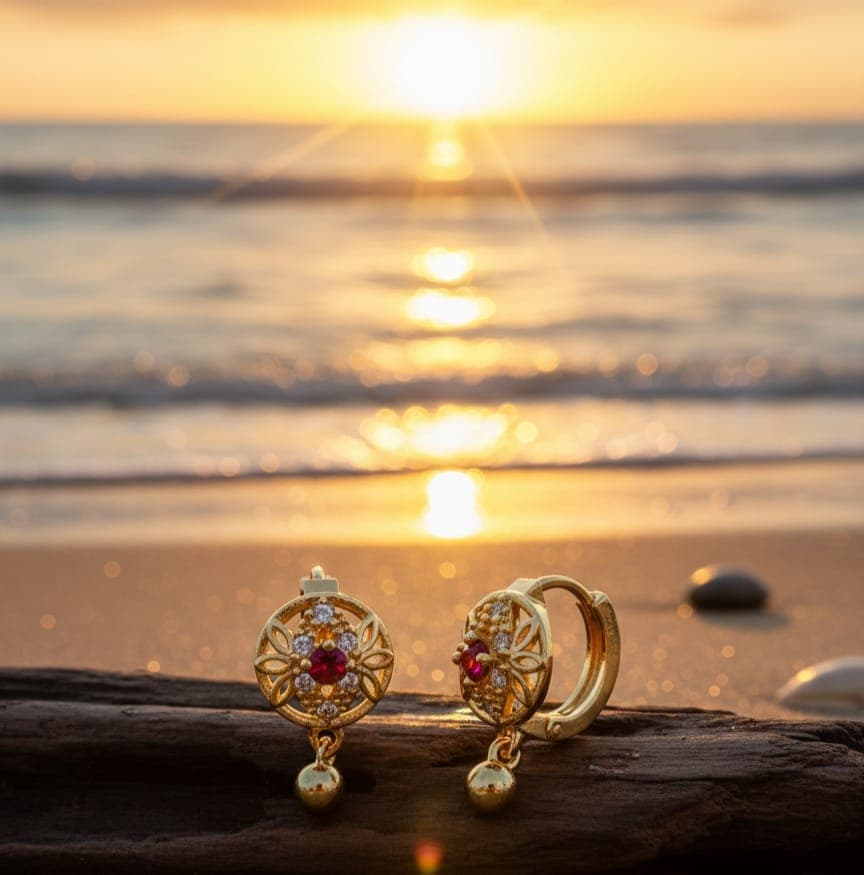A delicate gold-plated earring with an elegant circular design that combines an attractive red ruby stone and sparkling zircon, with a small spherical gold pendant. Clip-Ons (٤)