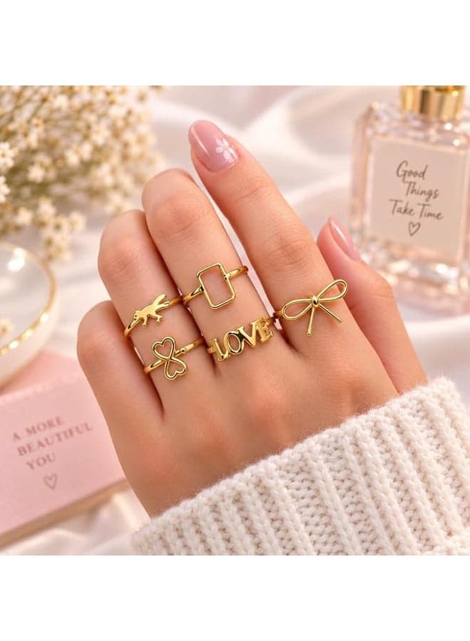 First Choice 5-Piece Gold-Plated Aesthetic Ring Set for Women and Girls - Trendy Fashion Jewelry Stackable Rings Girls' Jewellery