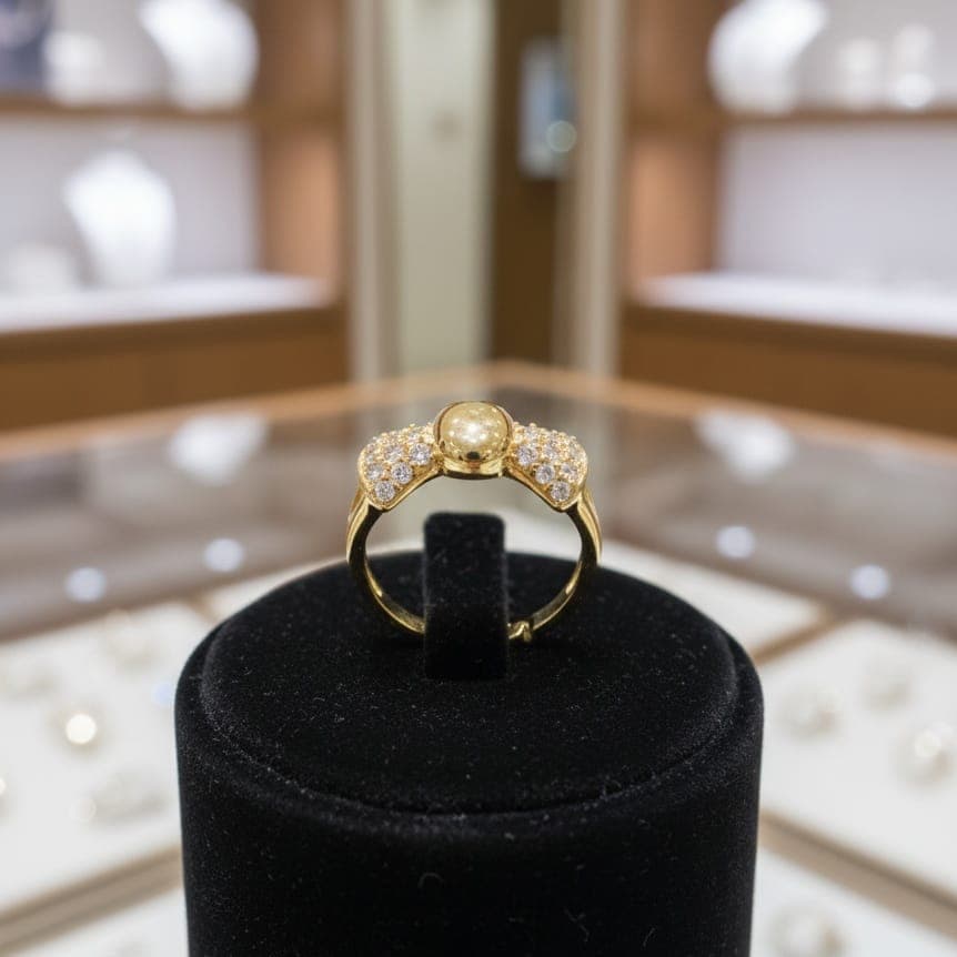 A luxurious gold ring with an elegant bow design. It features a smooth gold center stone and is flanked by sparkling diamonds. Open to fit all sizes. Women's Rings (٧)