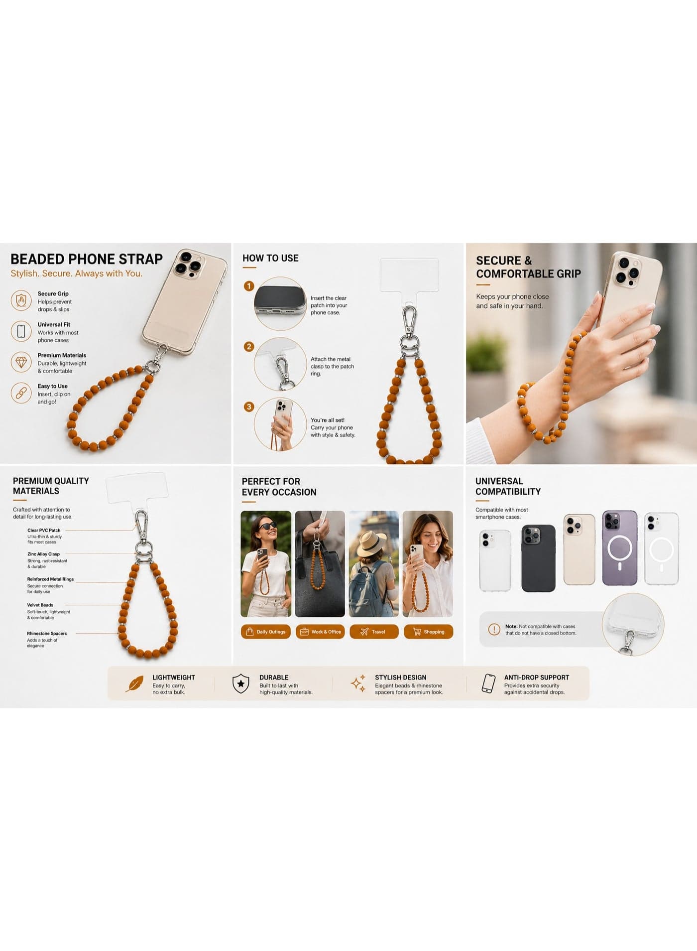 Universal Soft Velvet Beaded Mobile Phone Wristlet Strap Charm with Rhinestone Spacers & Clear PVC Tether Tab Insert - Mustard Brown (1 Piece) (5)