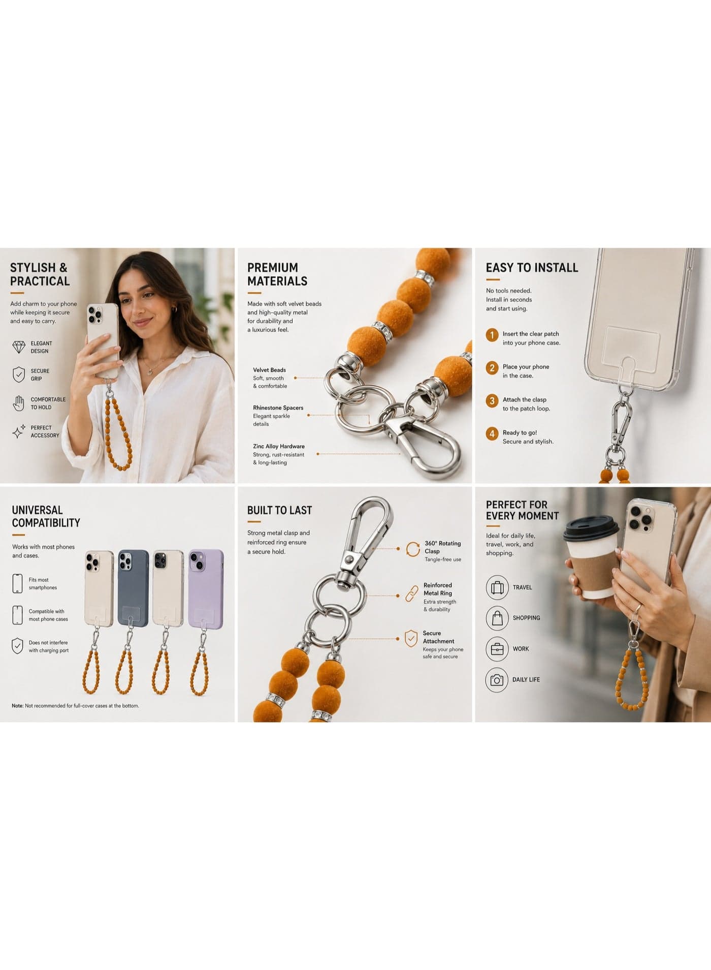 Universal Soft Velvet Beaded Mobile Phone Wristlet Strap Charm with Rhinestone Spacers & Clear PVC Tether Tab Insert - Mustard Brown (1 Piece) (7)