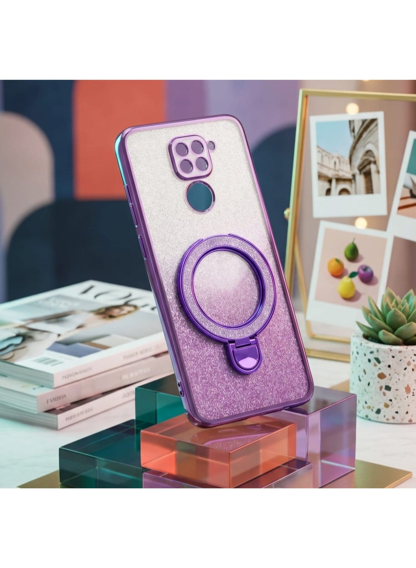 Glitter Phone Case Compatible with redmi note 9 Magnetic Ring Stand Shockproof Cover, Clear Soft TPU Bumper with Full Camera Protection (٣)