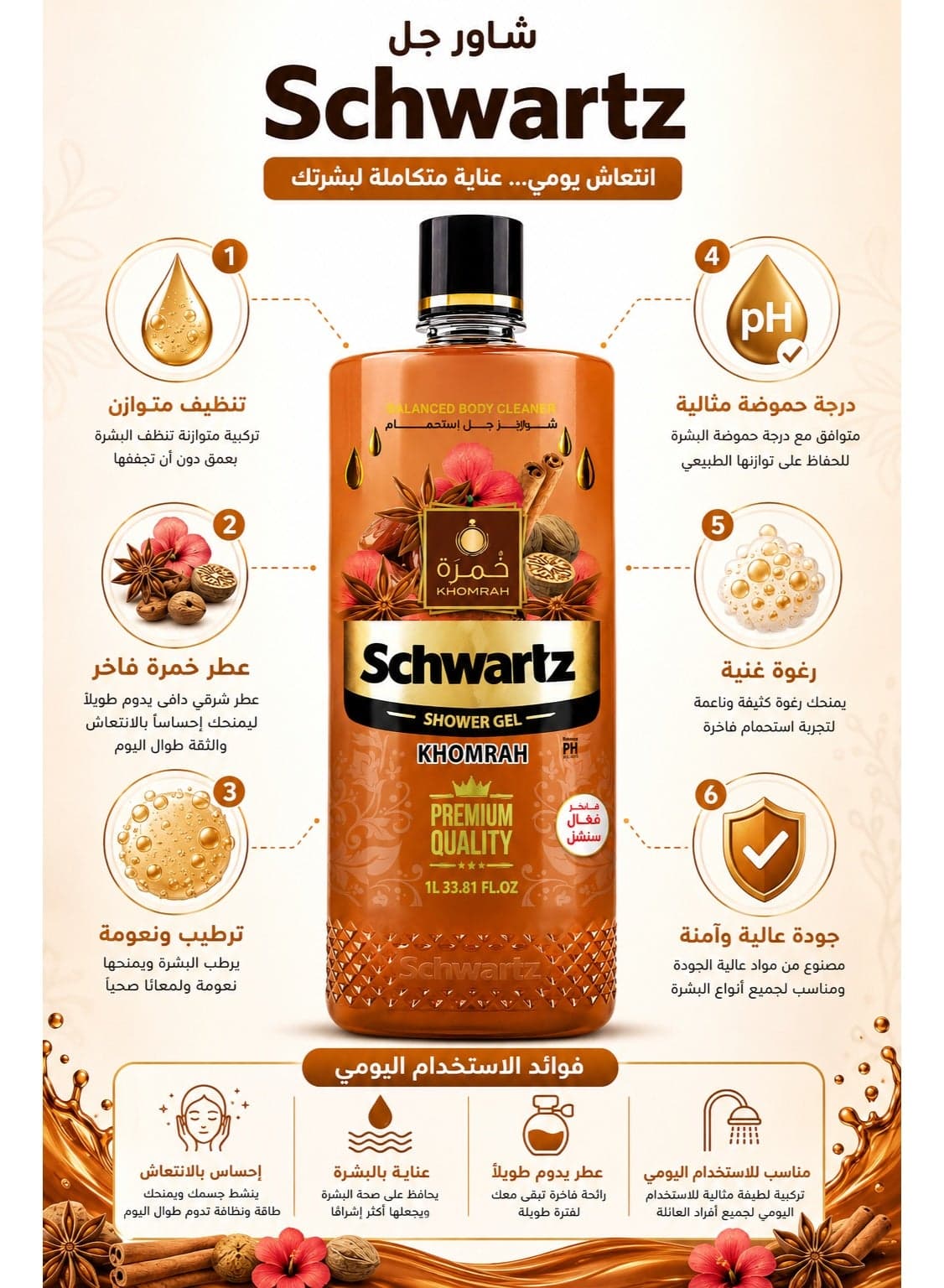 Schwartz Khomrah Shower Gel, Rich Foaming Body Cleanser, Long-Lasting Oriental Fragrance, Gentle Daily Cleansing, 1 Liter Shower Gels & Body Wash (٤)
