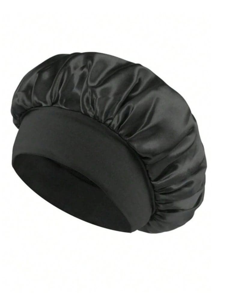 Black Satin Sleep Cap – Soft Hair Protection Hat for Night or Travel (2)