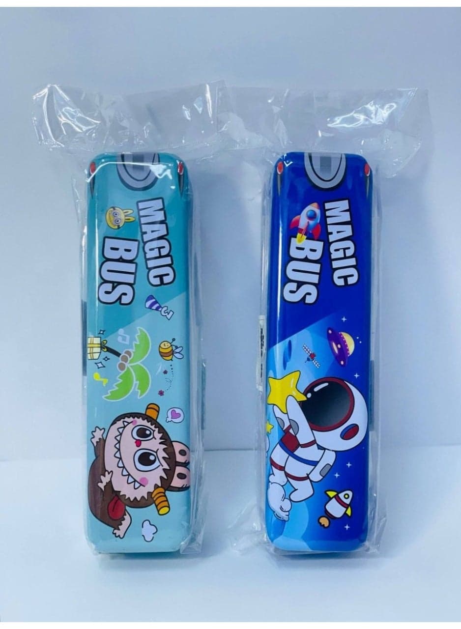 Bus-shaped pencil case; two-tier design; made of metal; features wheels and comes in various colors. (2)