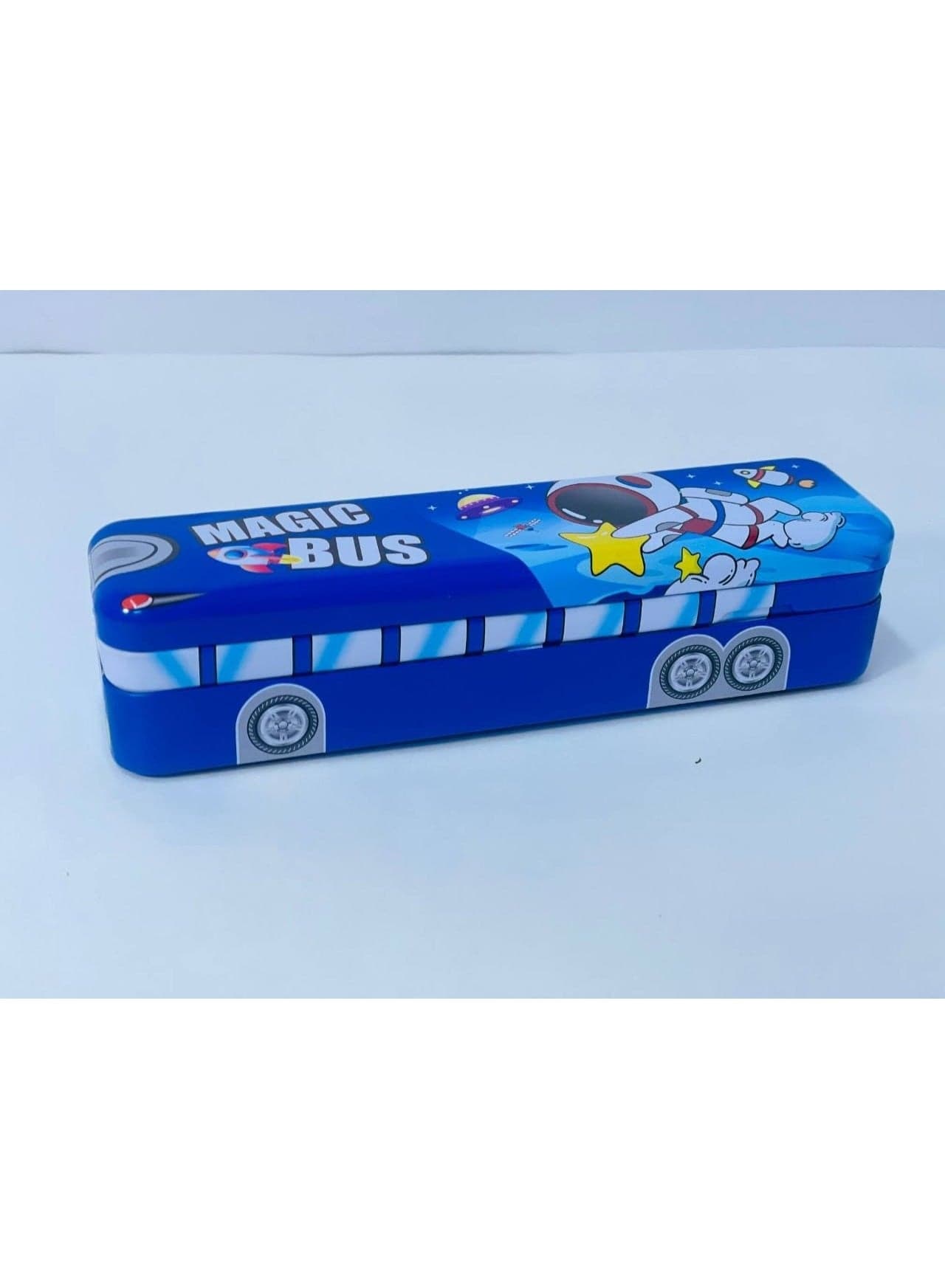 Bus-shaped pencil case; two-tier design; made of metal; features wheels and comes in various colors. (3)