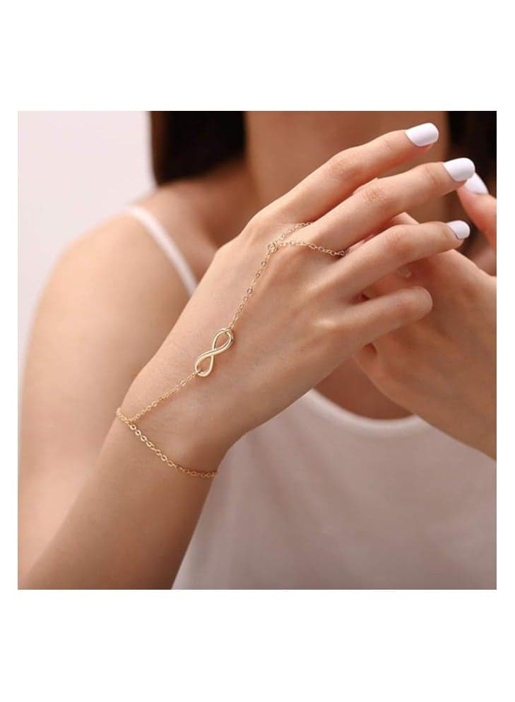 Infinity Finger Bracelets Ring Hand Chain Wedding and Beach Slave Bracelet Jewelry for Women and Girls (Gold)