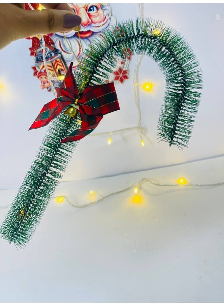 Christmas Ornament Christmas Cane Hanging Material: Green Tulle in White with Bow and Small Bell Size: 24 cm Home Decor Ornaments (٢)