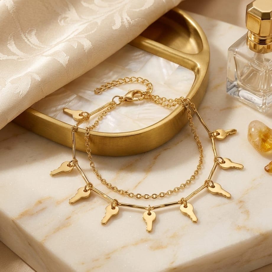 A luxurious anklet in elegant gold, with an attractive double design adorned with dangling key charms, and an adjustable clasp to fit you, adding a modern and charming touch to your look. (٥)