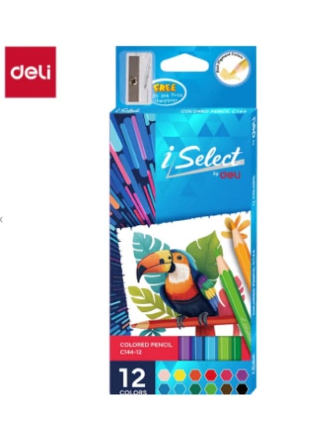 Deli iSelect Large Color Pencil Set, 12 Vibrant Colors with Free Sharpener Wooden Colored Pencils