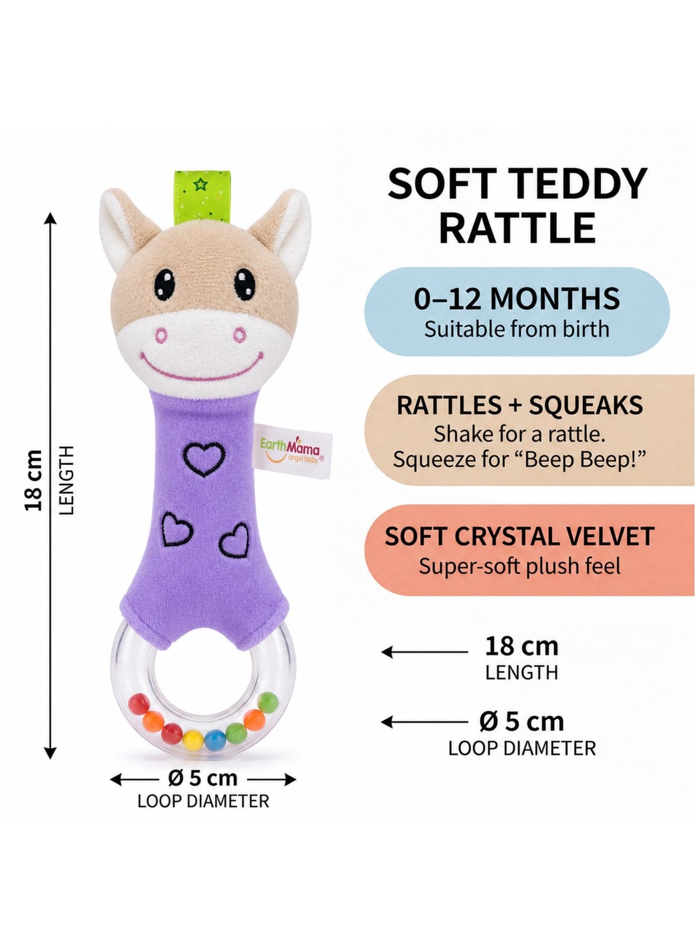 Baby Rattle and Squeak Toy – Soft Plush Developmental Sensory Toy for Newborns and Infants 0-12 Months, 18 cm (3)
