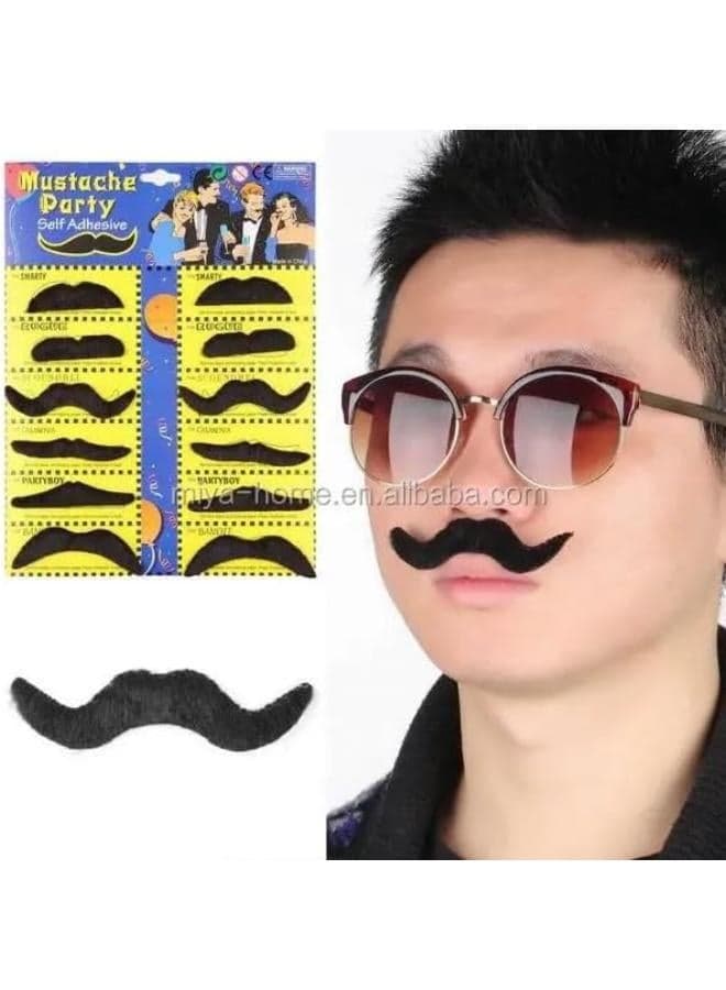 12 Pieces Fake Mustache Set Self Adhesive Hairy Black Mustaches Novelty Mustaches For All Ages Halloween Costumes Party Supplies 12Pcs Costume Accessories (٢)