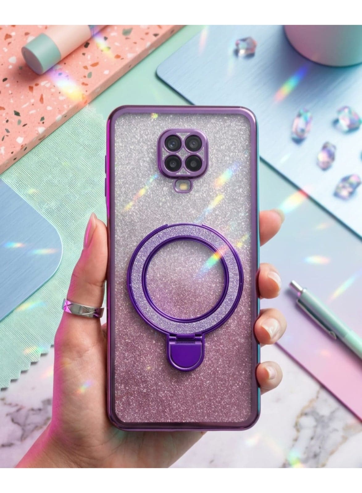 Glitter Phone Case Compatible with Redmi Note 9S/Note9 Pro/Note 9 Pro MaxMagnetic Ring Stand Shockproof Cover, Clear Soft TPU Bumper with Full Camera Protection (٢)