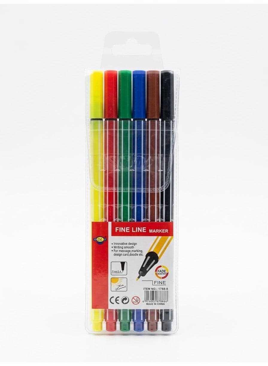 6-Piece Fine Line Marker Pen Set, 0.4mm Fine Tip, Assorted Colors Porous-point Pens