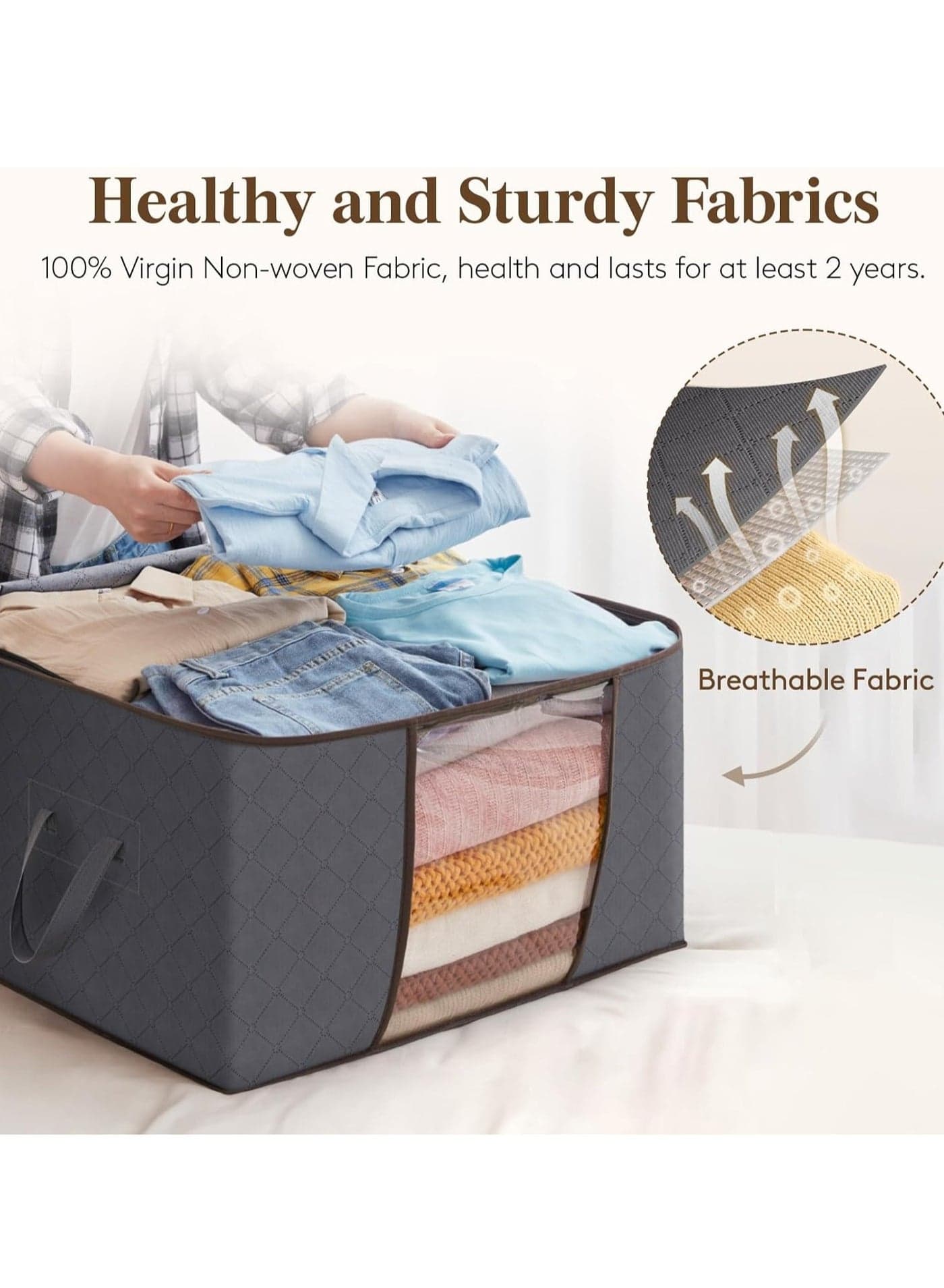 2-Piece Zipped Large Foldable Storage Bag Organizer With Reinforced Handle Grey/White/Black 60x40x35cm (4)