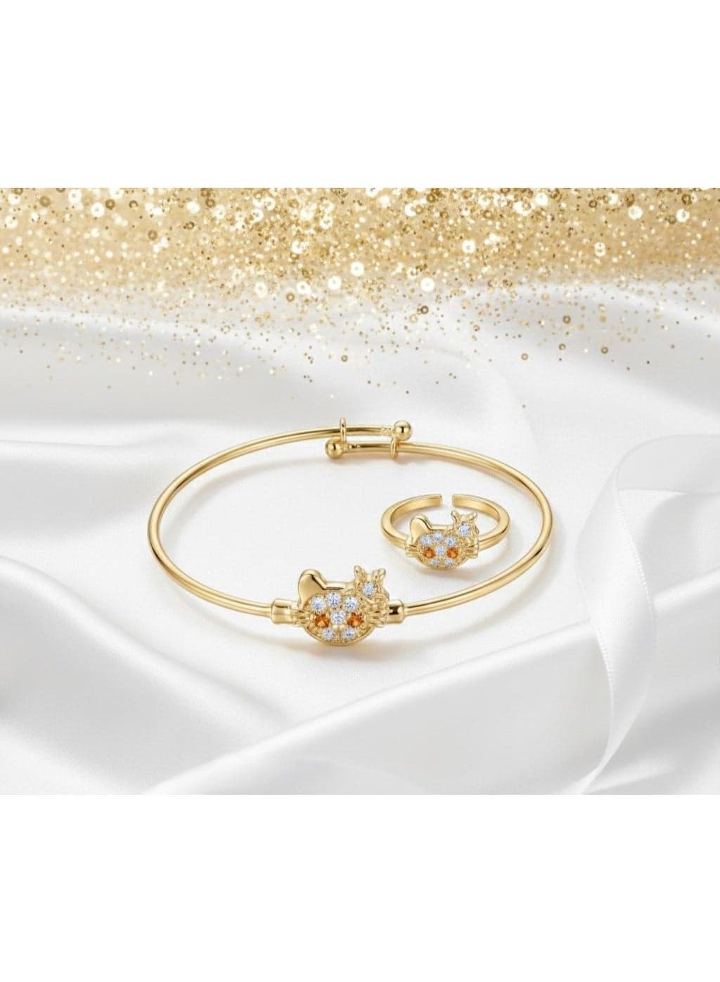 A gold-colored children's bracelet and ring set, featuring a cat design studded with sparkling zircon stones, is the perfect gift to brighten up your beautiful child's look. Girls' Jewellery (٣)