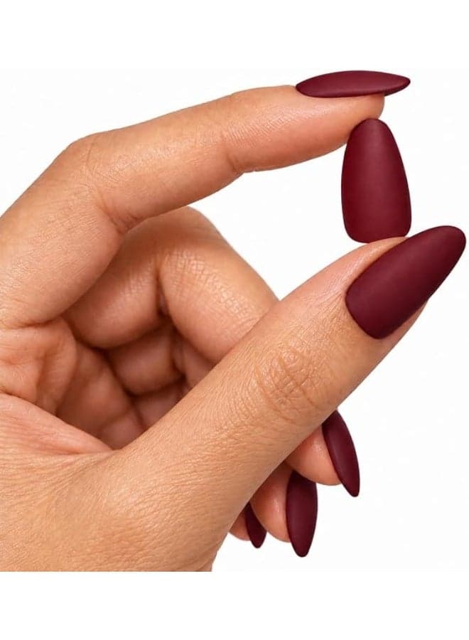 24 Pieces Matte Almond Fake Nails, 12 Sizes, Stylish Press-On Nails (Maroon) Press On False Nails (٤)